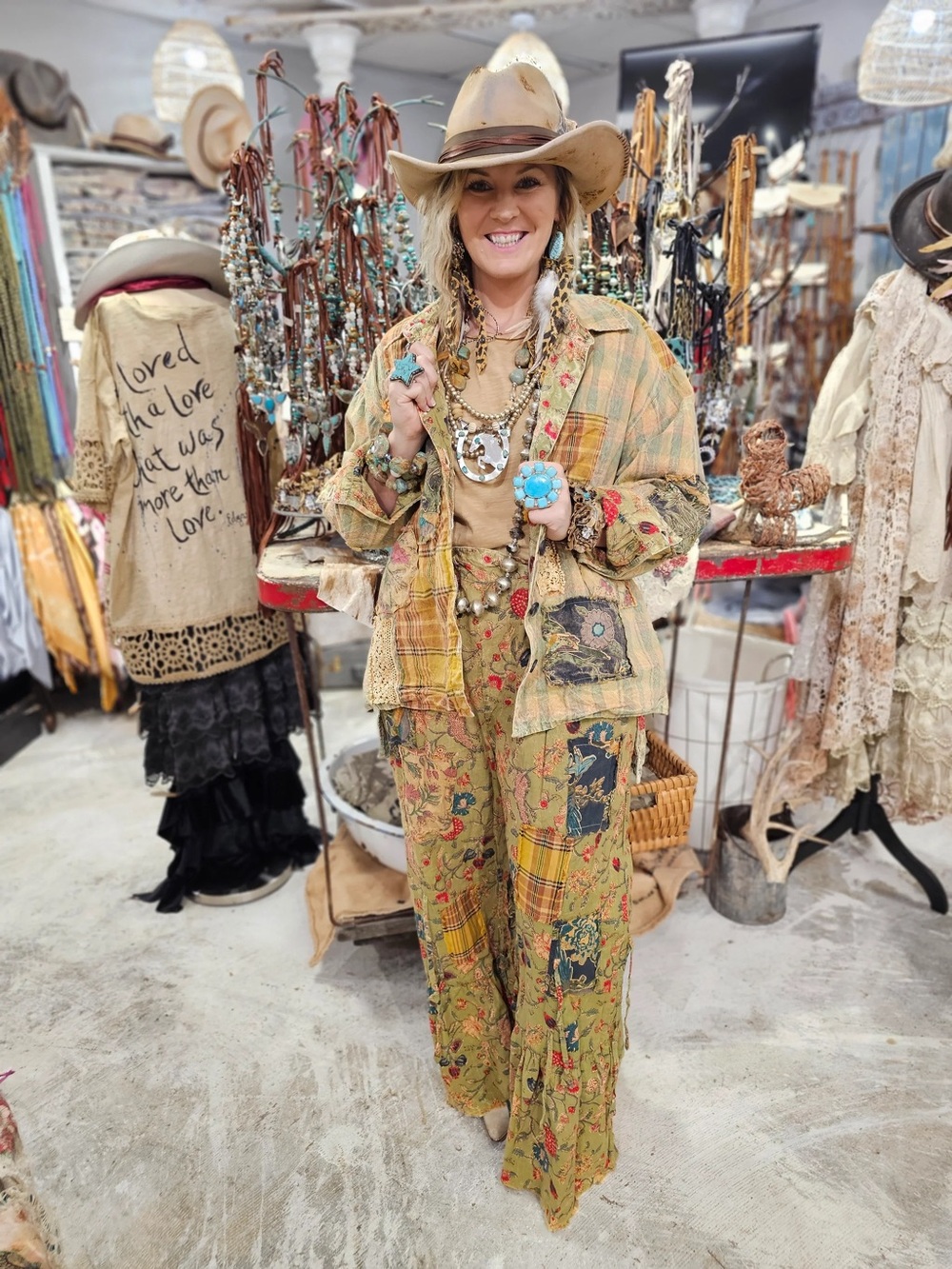 Boho Patchwork Wide-Leg Jumpsuit Set in Mustard